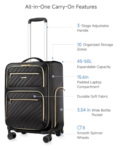 LUGGEX Expandable Softside Carry On Suitcase, Black, 21" - color: Black, size: Carry-on 21 inch