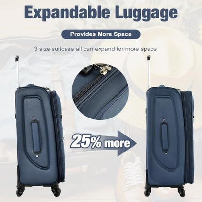 Softside Luggage Set 22/26/30", Expandable, TSA Lock, Spinner, Duffel(Dark Blue) - color: Dark Blue