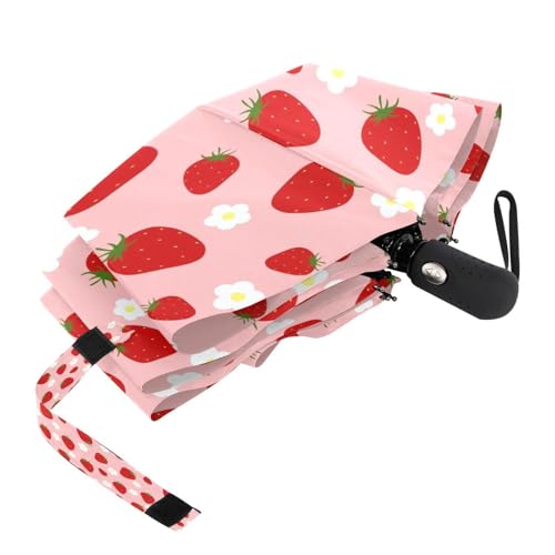 Automatic Auto Open Close Compact Printed Travel Umbrella for Rain Water-Resistant Mini Small Size Lightweight Folding Umbrella - color: Strawberry