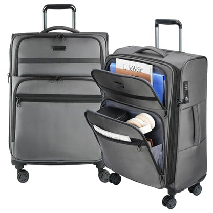 KROSER Softside Expandable checked Luggage with Front Business Pockets，24 Inch Suitcases with Spinner Wheels & Built-in TSA Lock, Durable Suitcase Rolling Luggage, Grey - color: Grey-24, size: 24 inch