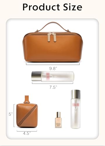 ALEXTINA Travel Makeup Bag, PU Leather Cosmetic Bag, Brown - color: smooth brown, size: Medium