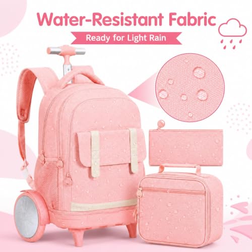 KLFVB Rolling Backpack for Women & Girls with Big Quiet-Glide Wheels, 3-in-1 Wheeled Commuter Set with Lunch Bag | Water-Resistant Roller Bookbag for Work, School, Travel - Pink - color: Girls Rolling Backpack with Big Wheels - Pink