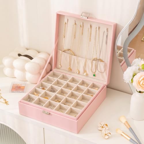 Frebeauty 50 Grid Earring Holder Organizer,2 Layer Jewelry Box for Women - color: Pink