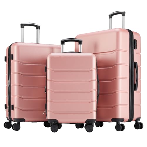 Sweetcrispy 3 Piece Luggage Set, Expandable Suitcase with Spinner Wheels - color: Pink, size: 3-Piece Set (20/24/28 Inch)