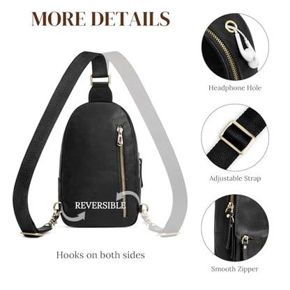 S-ZONE Leather Sling Bags for Women Men Fanny Packs Chest Bag RFID Blocking - color: Black