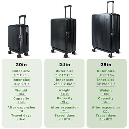 Checked Luggage with Spinner wheels, 24 inch luggage, Medium Suitcases with Wheels,Hard Shell Top-open Design Expandable Luggage - color: Black, size: 24 inch