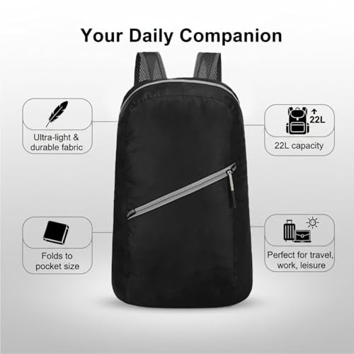 Ultra-light Foldable Backpack 80g – Packable into Palm Size, Hiking & Outdoor Sports, Water-Resistant Nylon (Black)