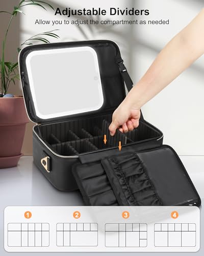 Chomeiu Makeup Bag with LED Mirror, Travel Cosmetic Bag with Shoulder Strap - color: 01-Black, size: Medium