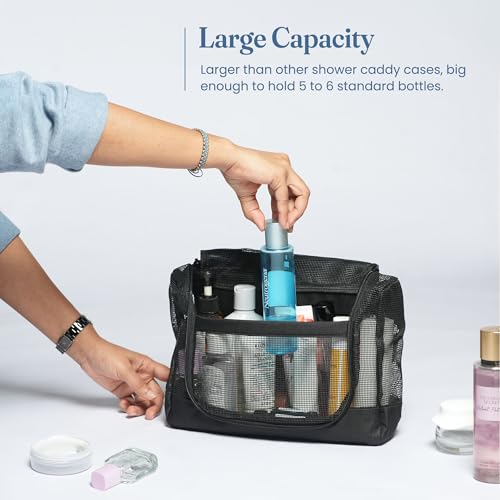 The Fine Living Co. Portable Latex Mesh Shower Caddy Hanging Metal Hook - color: Classic Black