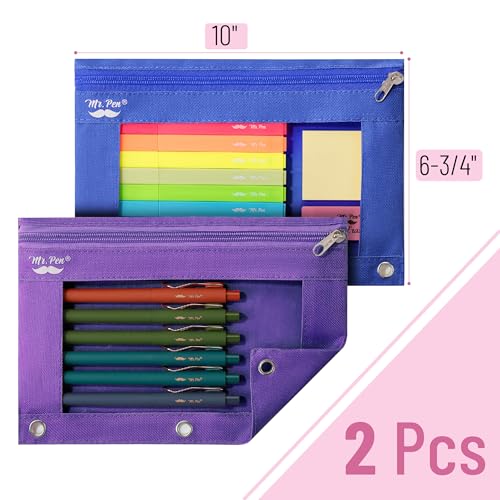 Mr. Pen- Pencil Pouch for 3 Ring Binder, 2 Pack, 10"x6.75", Smooth Zipper - color: Blue and Purple, size: 2 Pack