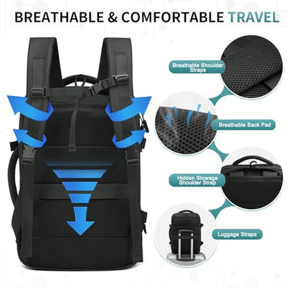 30L Lay Flat Travel Backpack for 16 Inch Laptop Carry On Black - color: Black