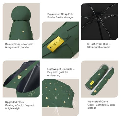 Mini Travel Umbrella, UPF 50+ Purse Umbrella with Case and Carabiner - color: Dark green
