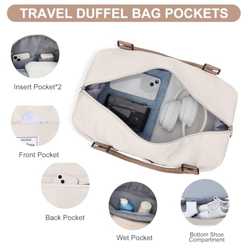Weekender Bags for Women,Travel Duffle Overnight Bag with Shoe Compartment - color: Beige & Brown-3Pcs, size: Large