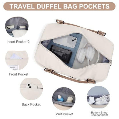 Weekender Bags for Women,Travel Duffle Overnight Bag with Shoe Compartment - color: Beige & Brown-3Pcs, size: Large