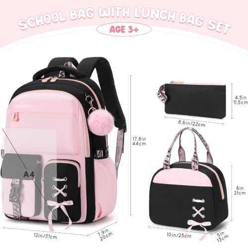3PCS Backpack for Girls, Girls Backpack for School with Lunch Box Pencil Case, Cute Kids Teens Bookbag for Kindergarten Elementary Preschool Middle School Black Pink - color: Black Pink