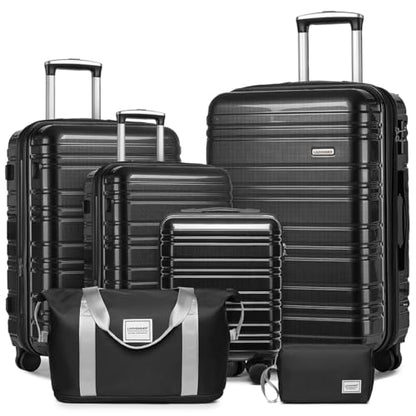 LARVENDER Luggage Sets 6 Piece Expandable Suitcases Set, Glossy Black - color: Glossy Black 6PCS, size: Family Set