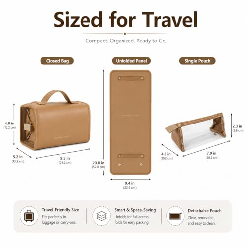 YDR Roll Up Makeup Bag for Women, 4-in-1 Toiletry Bag with 4 Detachable Clear Pouches, Hanging Travel Makeup Organizer, PU Leather Cosmetic Bag - color: 4 separate-Brown