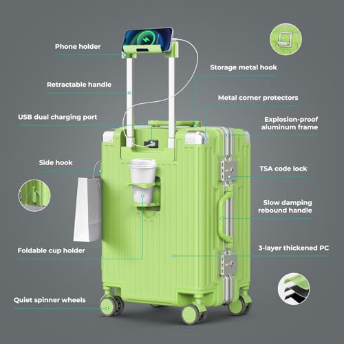 24 Inch Checked Luggage, Hardside Suitcase with TSA Lock - color: Green, size: 24 Inch