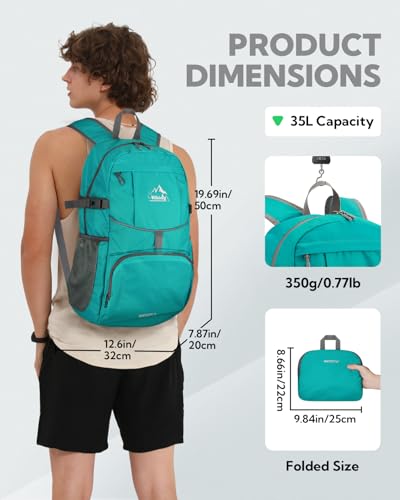 WATERFLY Large Lightweight Packable Hiking Backpack Foldable Travel Daypack - color: B-turquoise, size: 35L
