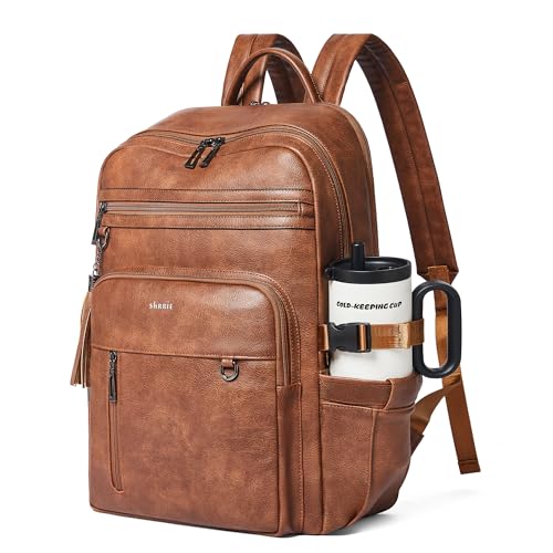 Shrrie 17 Inch Leather Laptop Backpack for Women with Giant Tumbler Holders - color: Caramel Brown