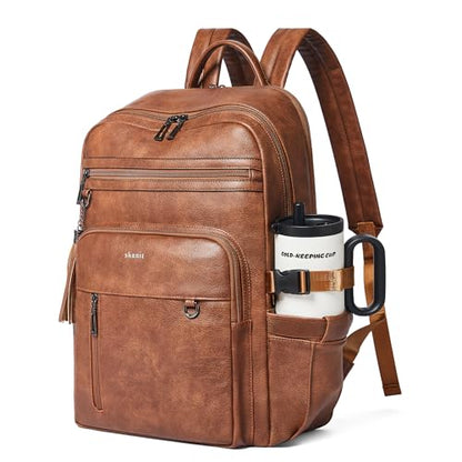 Shrrie 17 Inch Leather Laptop Backpack for Women with Giant Tumbler Holders - color: Caramel Brown