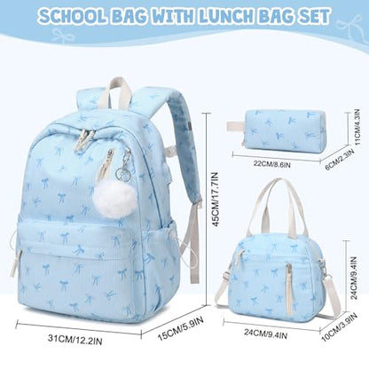 ACESAK 3PCS Corduroy Girls Backpack w/Lunch Box & Pencil Bag (Blue Bow Tie) - color: Blue Bow Tie