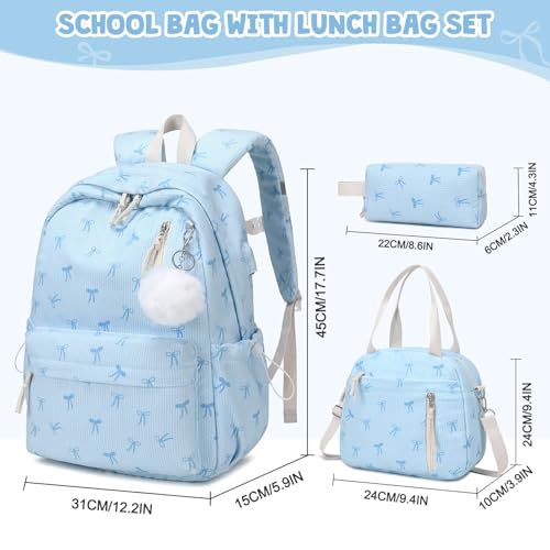 ACESAK 3PCS Corduroy Girls Backpack w/Lunch Box & Pencil Bag (Blue Bow Tie) - color: Blue Bow Tie