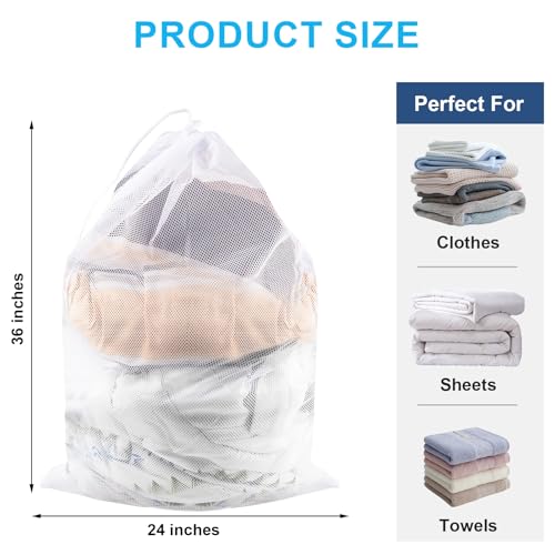 2 Pack Large Mesh Laundry Bags, 24" x 36" Heavy Duty Strong | Drawstring Dirty Clothes Bag, with Soft Breathable Net, Machine Washable, For College, Dorm, Camp, Travel ＆ Family Use(White) - color: White