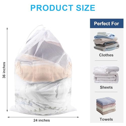 2 Pack Large Mesh Laundry Bags, 24" x 36" Heavy Duty Strong | Drawstring Dirty Clothes Bag, with Soft Breathable Net, Machine Washable, For College, Dorm, Camp, Travel ＆ Family Use(White) - color: White