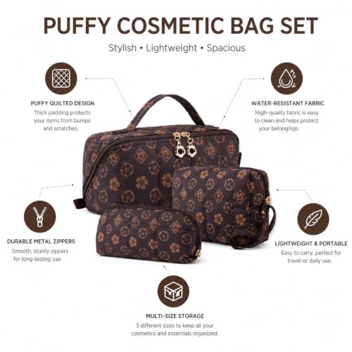 YTL Travel Makeup Bag, Puffer Cosmetic Organizer Bags, Women Toiletry Case - color: Coffee Flower Puffer