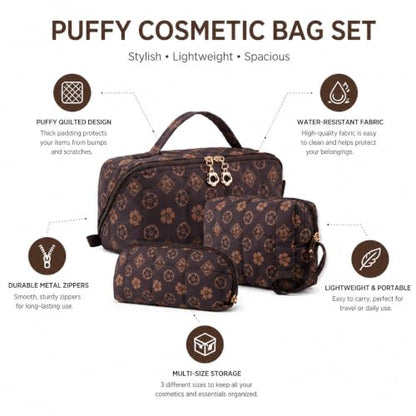 YTL Travel Makeup Bag, Puffer Cosmetic Organizer Bags, Women Toiletry Case - color: Coffee Flower Puffer