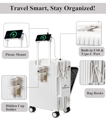 feilario Hardside Carry On Luggage, Zipper Closure, TSA Lock, USB Port - color: A-Ivory White(with zipper closure)