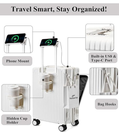 feilario Hardside Carry On Luggage, Zipper Closure, TSA Lock, USB Port - color: A-Ivory White(with zipper closure)