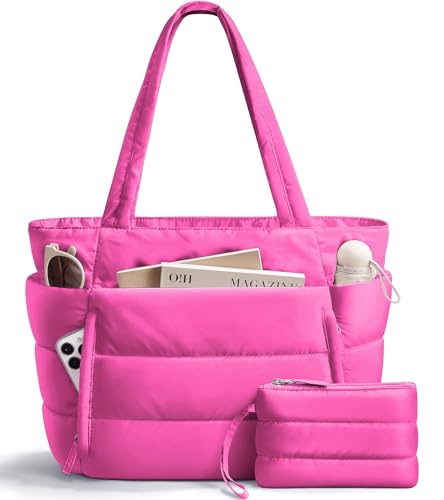 Bagstellar Puffer Tote Bag for Women, Lightweight Puffy Travel Gym Work Bag - color: Hot Pink