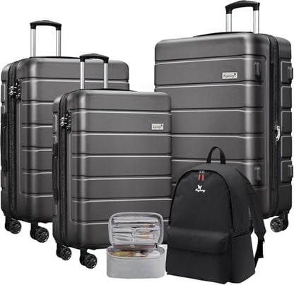KEYTANG Explorer Luggage Set, Lightweight Hardside Suitcase, Expandable Carry-On Luggage with Travel Backpack & Cosmetic Makeup Bag, 5-Piece Set (20in/24in/28in), Grey - color: Grey, size: 001-5PCS