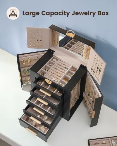 Lolalet Large Jewelry Box, 6-Layer Jewelry Organizer with 5 Drawers -Black - color: Black, size: 6-Layer (9.5" W × 6.3" D × 11.8" H)