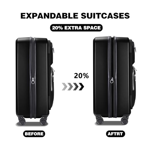 28 Inch Luggage with Spinner wheels, Expandable Hybrid Soft Front & Hard Shell Large Checked Luggage with TSA Lock, Black - color: Black, size: 28 Inch