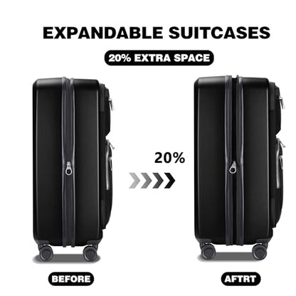 28 Inch Luggage with Spinner wheels, Expandable Hybrid Soft Front & Hard Shell Large Checked Luggage with TSA Lock, Black - color: Black, size: 28 Inch