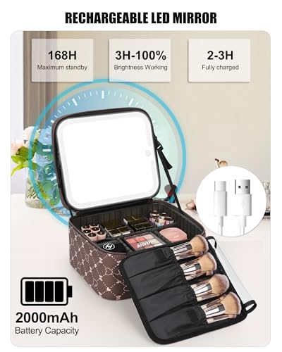 Relavel Travel Makeup Bag With LED Mirror, Brown Bowknot - color: 03-Brown Bowknot, size: 1-Small