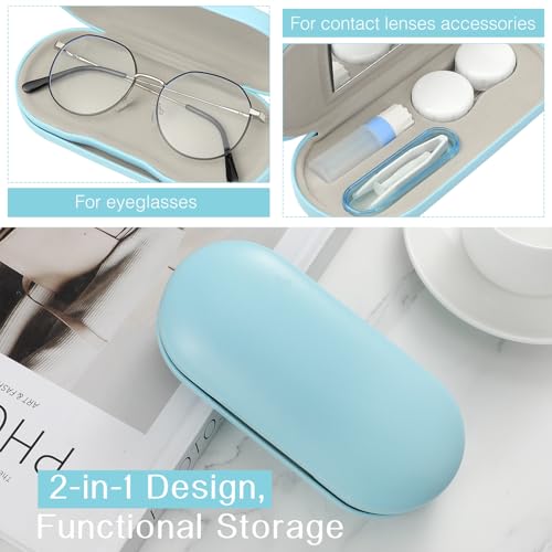 MoKo Double Eyeglass Case,Glasses and contact case 2 in 1 with Mirror - color: Ad-light Blue