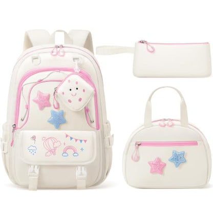 Fimibuke Kids Backpacks for Girls, 4 PCS Cute Bookbag Set for School Beige - color: Beige