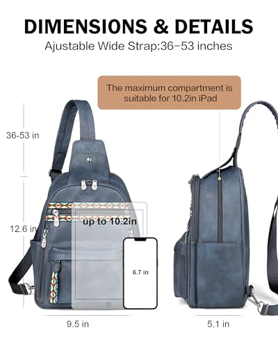 FADEON Large Sling Bag for Women, Designer 10L Leather Crossbody Purse - color: Dark Blue Retro Style