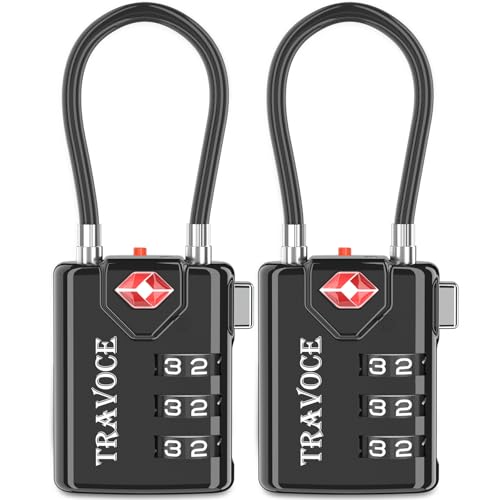 TSA Approved Luggage Locks, Combination Cable Locks,2 Pack, Black | Search Alert shows TSA key access; resettable 3-digit code and flexible braided steel cable for suitcases and backpacks. - color: Black 2 Pack