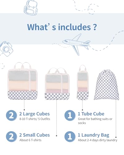 Narwey Compression Packing Cubes for Travel, Cute Luggage Organizer Bags - color: Z-Grayish Blue Checkerboard