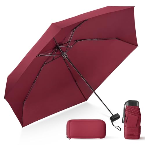 Mini Umbrella for Travel with Case Small Compact Sun Rain Tiny for Purse - color: 0.10 Wine Red