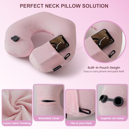 Keemall Inflatable Travel Neck Pillow for Airplane to Relieve Neck Pain - color: Soft Pink, size: Medium