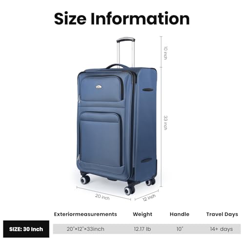 30'' Large Softside Suitcase,Expandable,waterproof Fabric - color: Blue, size: Checked-Large 30-Inch
