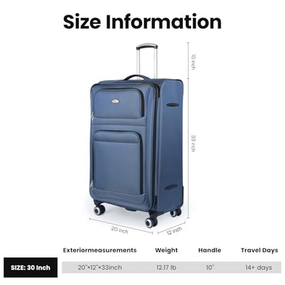 30'' Large Softside Suitcase,Expandable,waterproof Fabric - color: Blue, size: Checked-Large 30-Inch