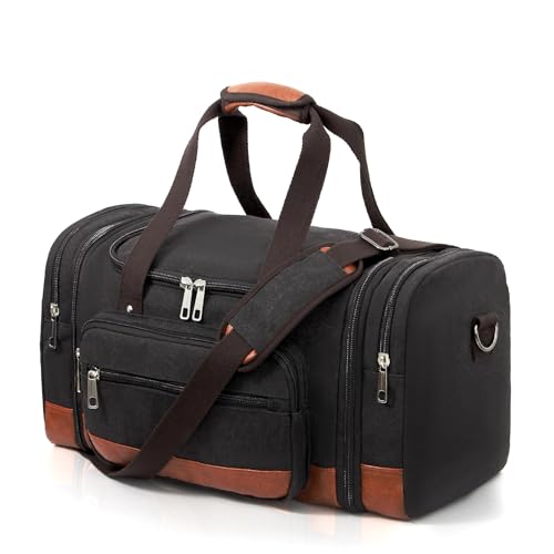 Men'S Duffle Bag For Travel, Expandable Canvas Duffel Bags Overnight Weekend Gym Carry On Luggage Bag For Men(Black) - color: Black