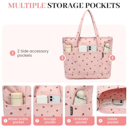 Large Canvas Tote Bag for Women, Beach Bag with Zipper, Utility Tote Bag with 3 Front Pockets, Weekender Pool Bag - color: Pink